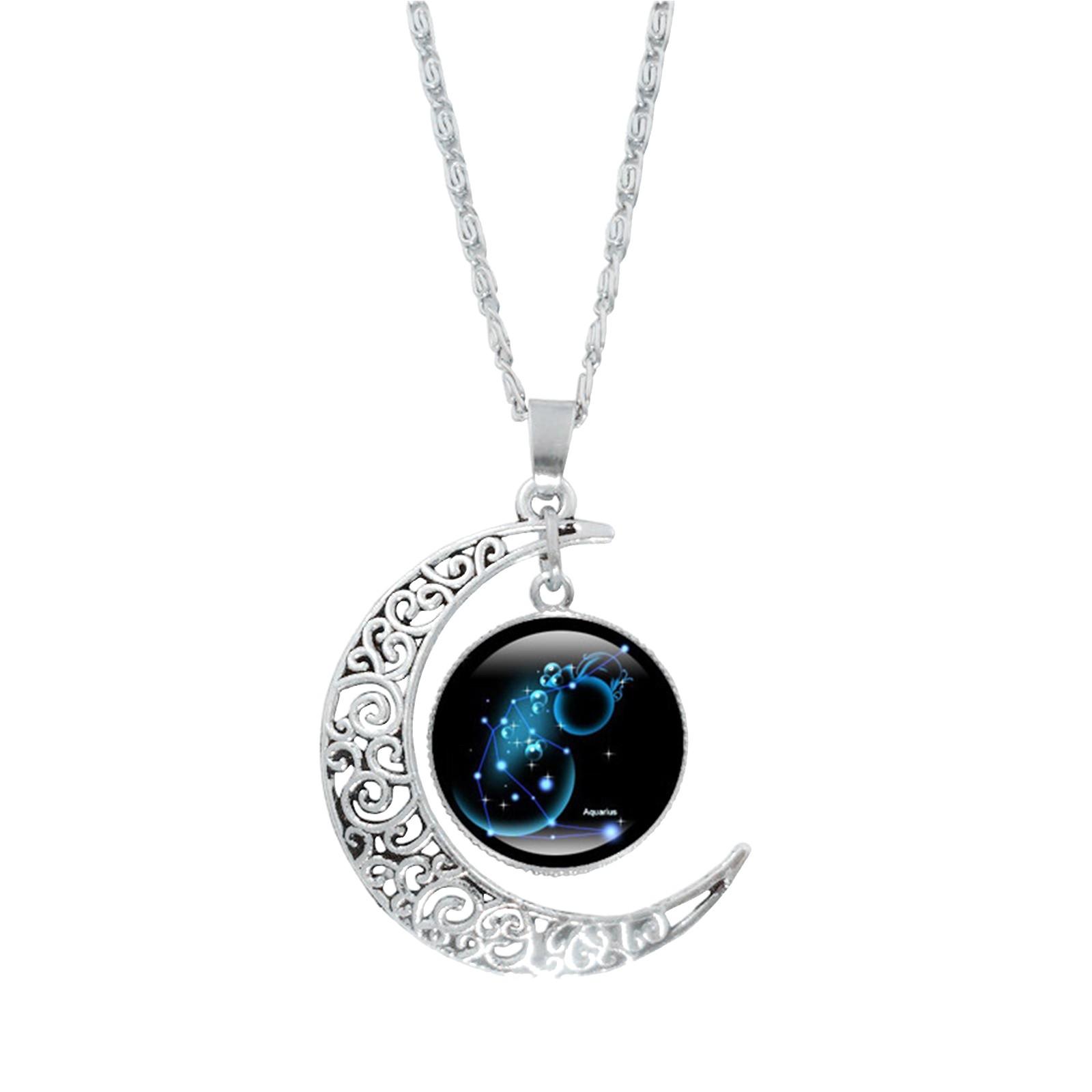 Zodiac Constellation Pendant Necklace Silver Crescent Moon Charm Chain Jewelry Astrological Star Sign Accessory for Everyday Wear серебряный