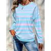 Damen locker langärmeliges T-Shirt - hellrosa und hellblaue horizontale Streifen, weiches lockeres Rundhals-Oberteil