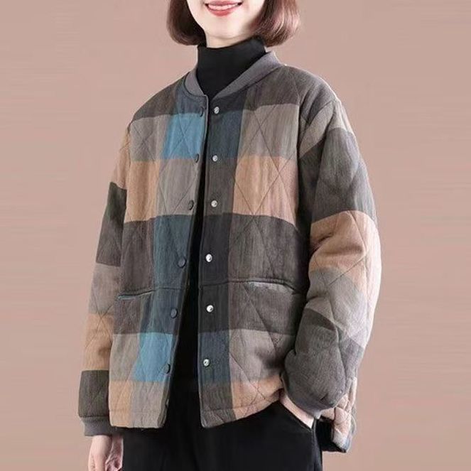 Women's Retro Korean Style Slim-Fitting Loose Cotton Coat Plus Size Casual Patchwork Plaid Short Padded Jacket