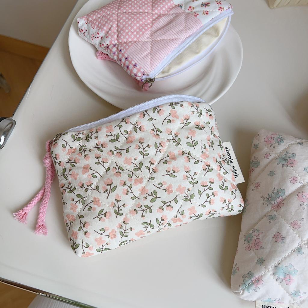 Cute Pink Floral Cotton Makeup Bag Mini Lipstick Cosmetic Pouch for Women