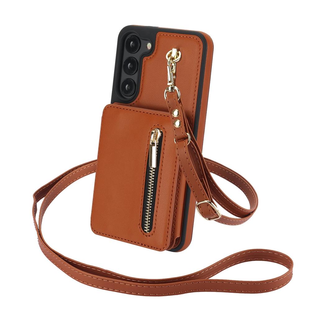 Crossbody Lanyard Zipper Cards Solt Case For Samsung Galaxy S24 Ultra S23 S22 Plus S25 A55 Kickstand Card Bag Pocket Purse Cover