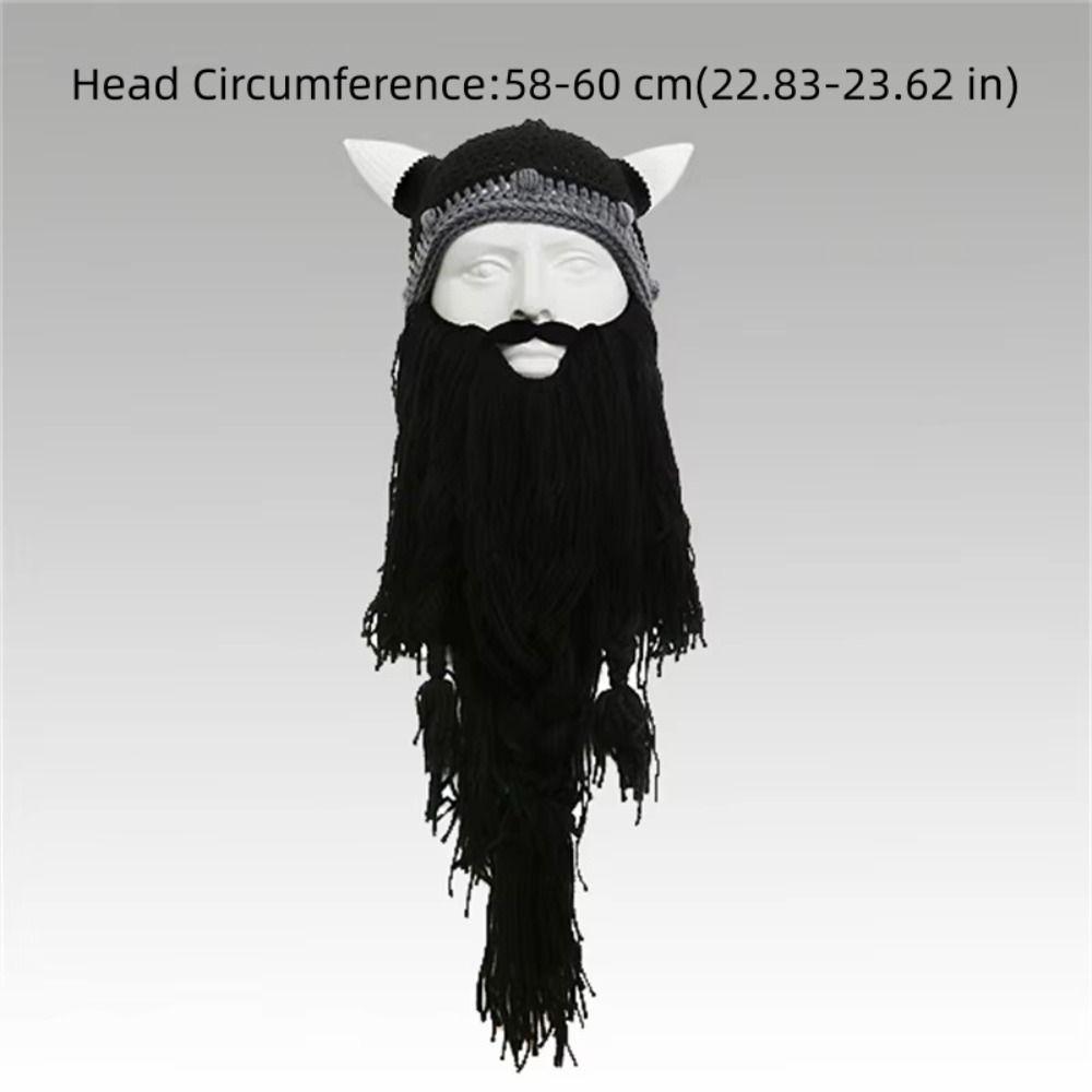 Horn Hat Viking Beard Beanie Handmade Knit Big Beard Mask Hat Wig Beard Hats Costume Accessory