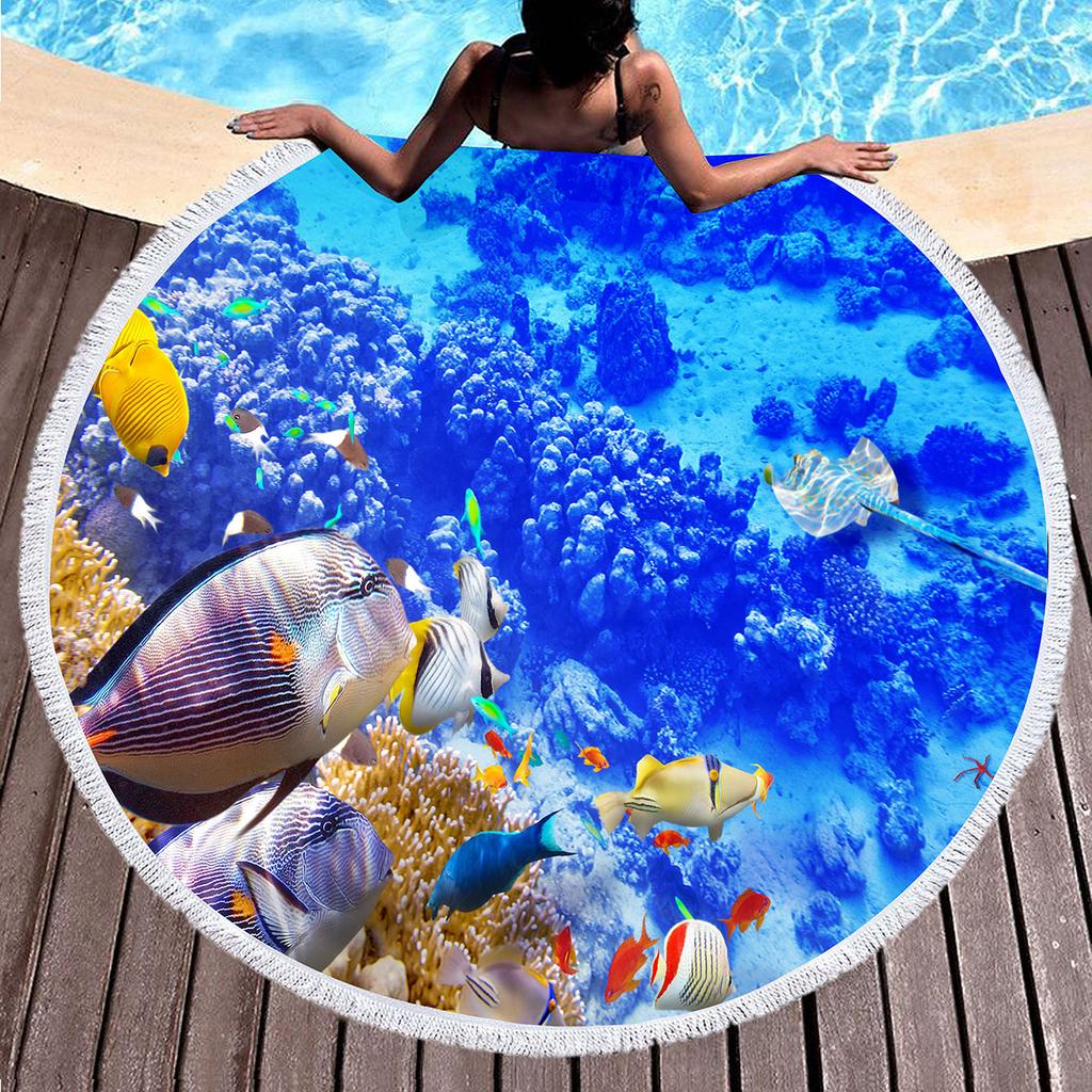 Ocean Hawaiian Tropical Sea Fish Print Round Beach Towel, Soft Microfiber Sealife Beach Blanket,Absorbent Quick Dry Pool Towel