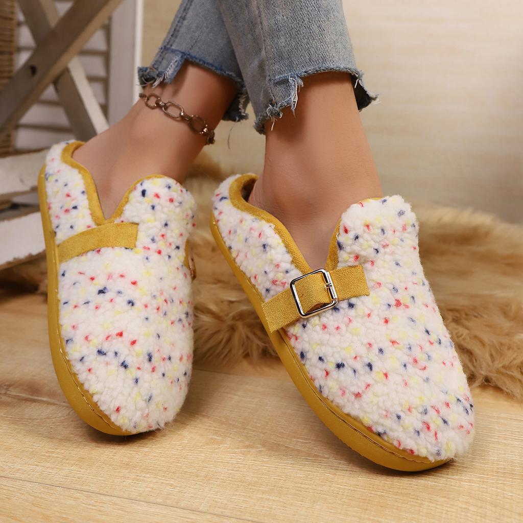 Fashion Flat Cotton Mopping Women's Fashion Round Toe Multicolor Metal Buckle Soft Sole Non-Slip Wrapped Toe Shoes Size 36-41