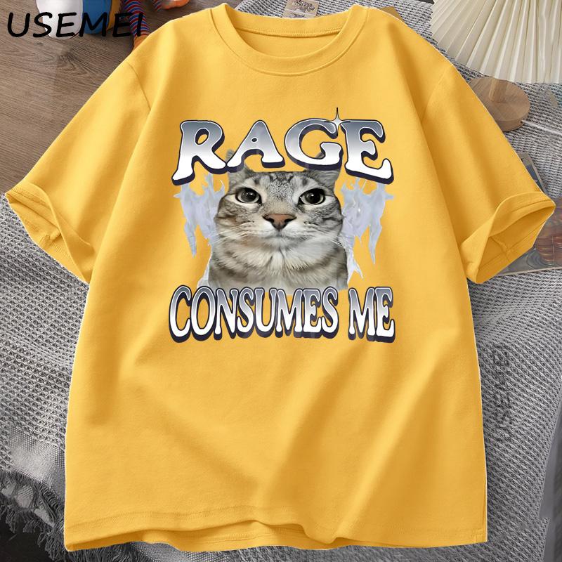 Rage Consumes Me Cat T Shirt Funny Cat Meme Printed TShirt Vintage Unhinged Silly Cat Graphic Tee Humor Cotton Short Sleeve Tee