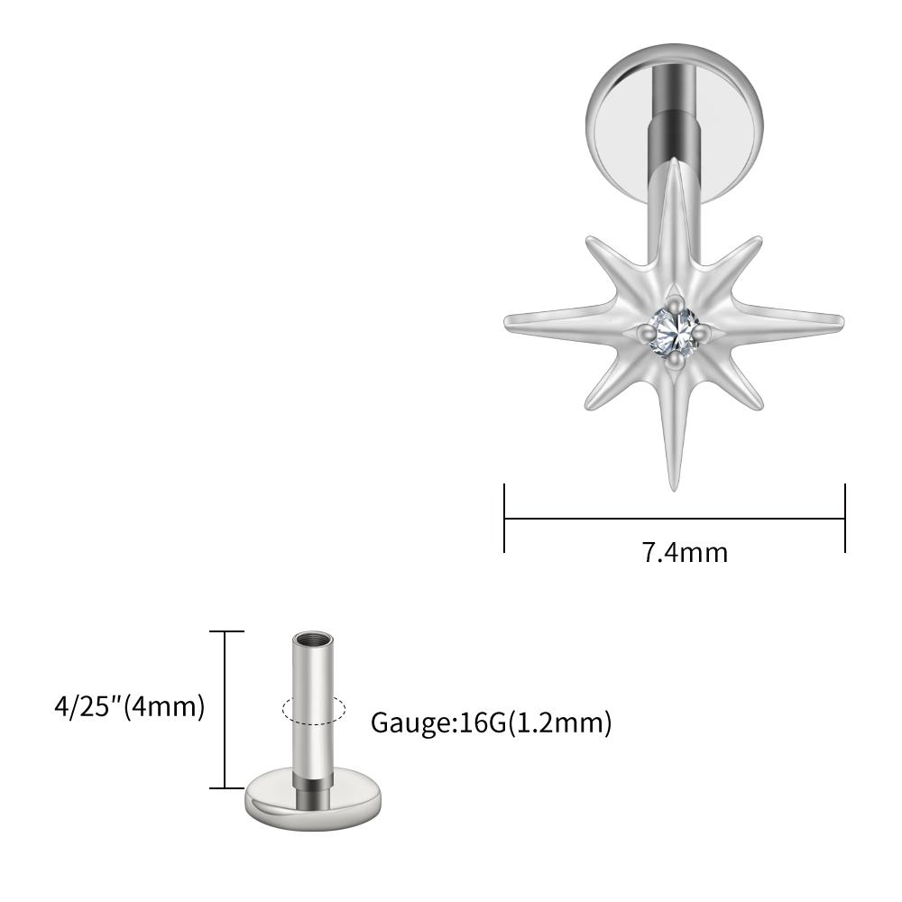 Right Grand ASTM F136 Titanium CZ North Star Flat Back Earring 16G Tiny Starburst Helix Cartilage Stud Earlobe Piercing Jewelry