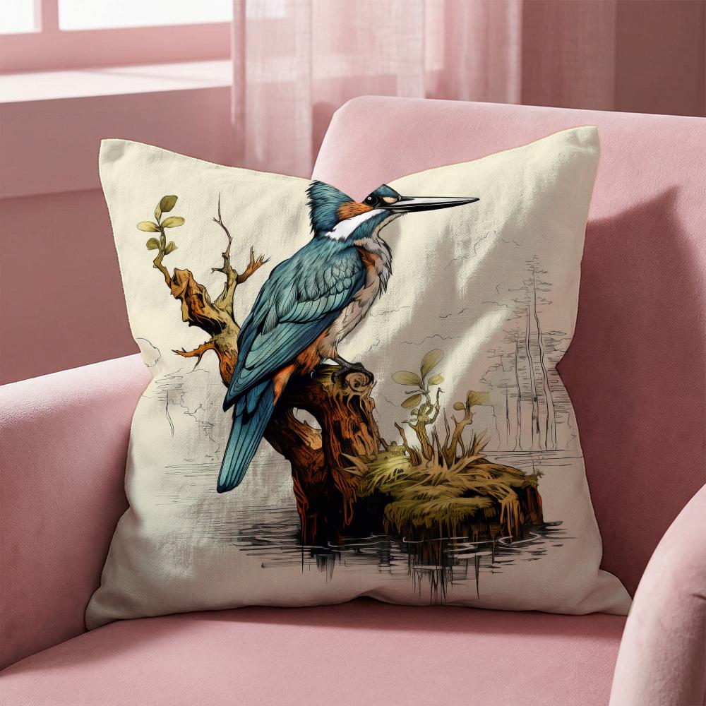 Kingfisher Watercolor Painting Cushion Cover Multi-Scene Pillow Cover for Home & Car - Reversible, Soft & Durable for Daily Use