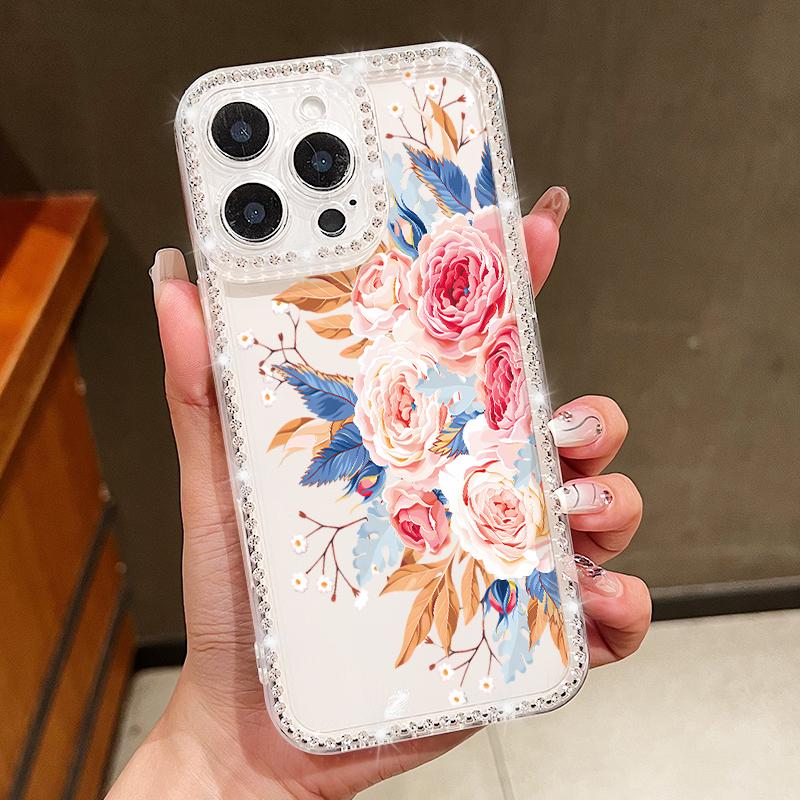 Luxury Floral Pattern Clear Shockproof Case For iPhone 16 Pro Max 16E 15 14 Pro 13 12 11 Diamond Frame Anti-Fall Soft Silicone Phone Cover