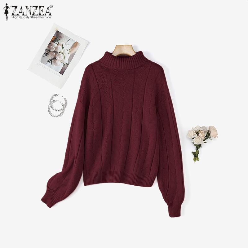 ZANZEA Women Autumn Winter Sweaters High Neck Long Sleeve Knitted Pullover Jumpers