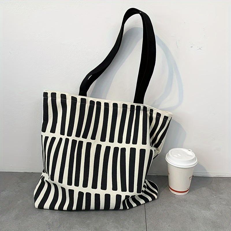 Striped Canvas Tote Bag Literary School Handbag Lightweight Shoulder Bag For Travelling Shopping