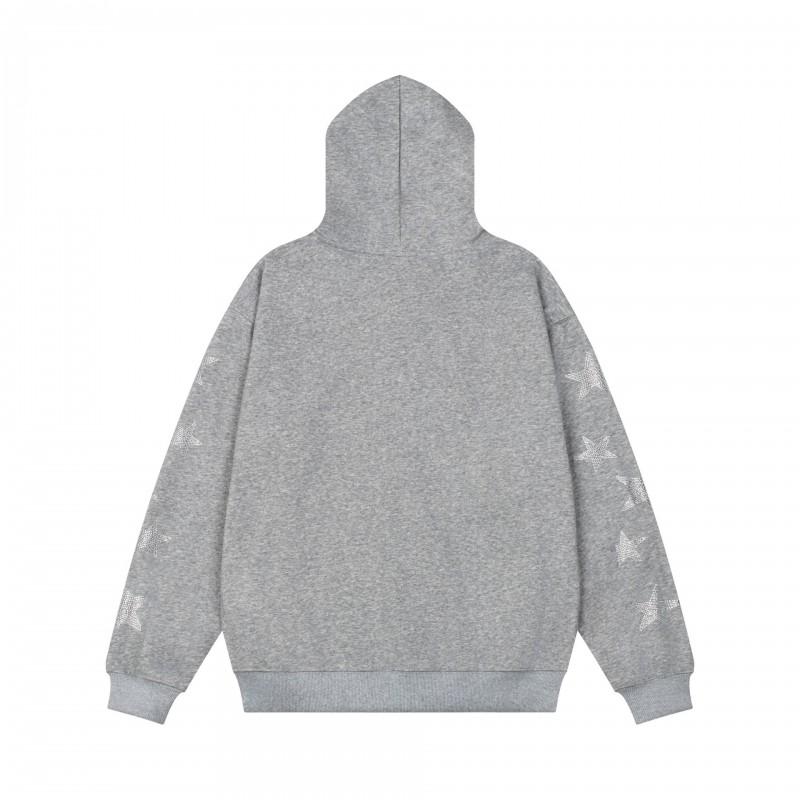 Unisex Oversized Hooded Zip-Up Sweatshirt With Star Rhinestone Embroidery Streetwear Casual Pullover Top