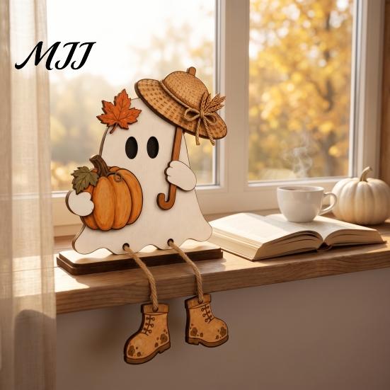 Wooden Ghost Figurines for Fall Harvest Festival Ornament Autumn Home Desktop Decoration, Cute Atmosphere Accessories Halloween Tabletop Figurine with