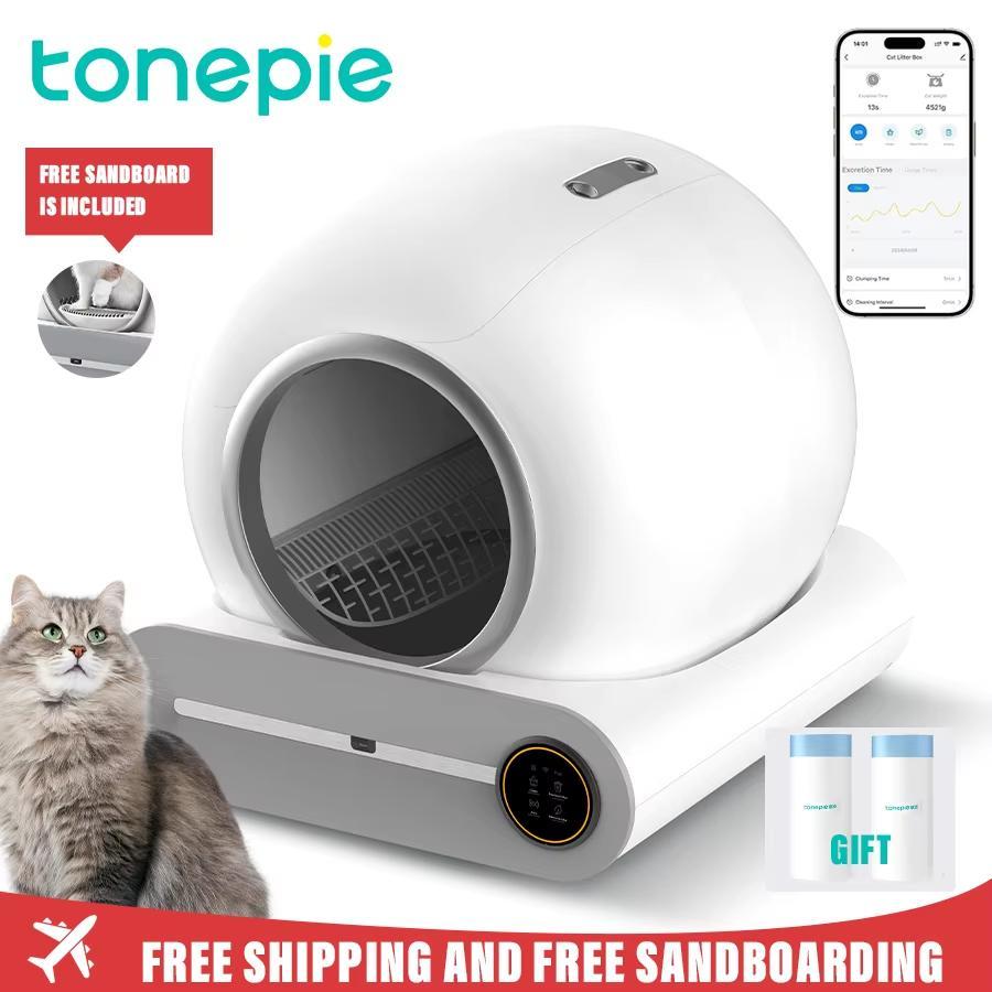 Tonepie Automatic Smart Cat Trash Can Self-Cleaning Arenero Gato Gato 65L App Control Pet Cat Toilet Mat Tray Ion Deodorant