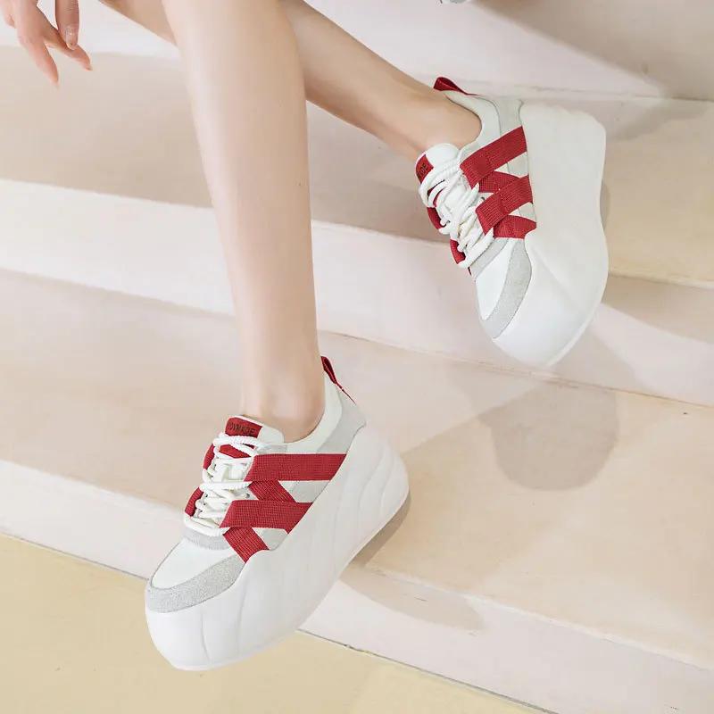 Fashion 8cm Synthetic Women Stable High Platform Chunky Sneakers Fashion Spring Autumn Vulcanize Cow Genuine Leather Lace Up Shoes