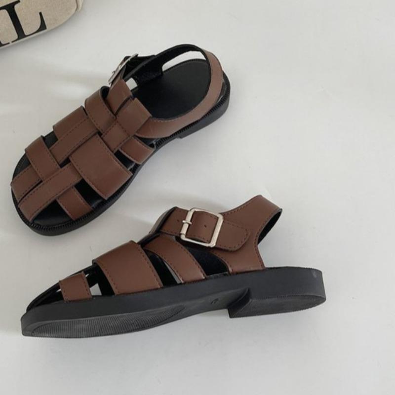 Fashion Summer New Baotou Sandals Women Fashion Round Head Knitted Metal Buckle Soft Sole Anti-slip Wear-resistant Flat Shoes