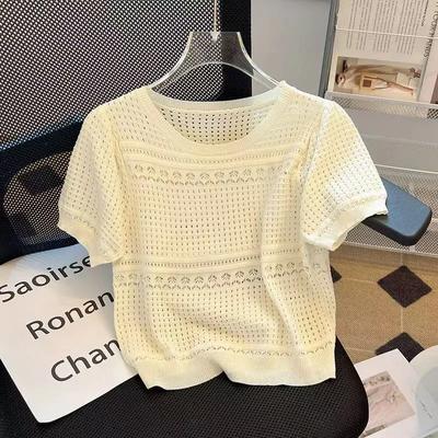 Damen Sommer Eis Seide Gestricktes Hemd Kurzärmelig Rundhals Hohl Dünn Pullover Top