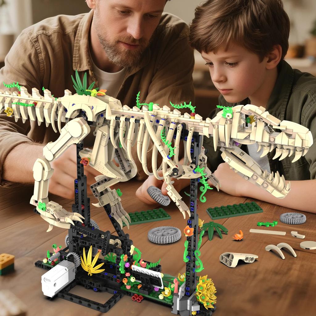 1226Pcs Jurassic Tyrannosaurus Rex Fossil Skeleton Building Blocks Electric Driven Education Dinosaur Model Toys Holiday Gifts