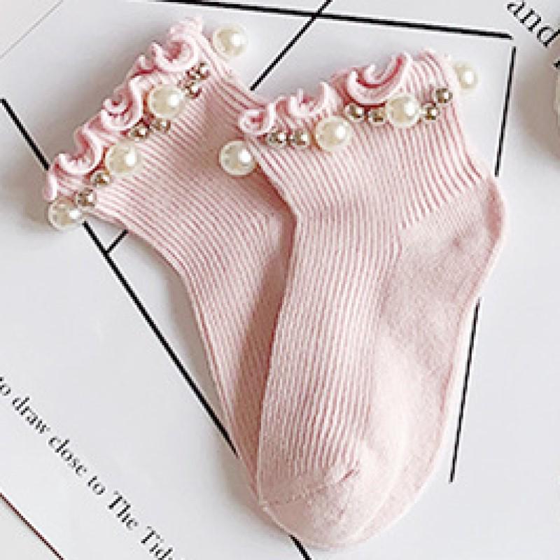 Bavlněné ponožky v korejském stylu v bonbónových barvách s perlami a krajkovými pruhy pro holčičky