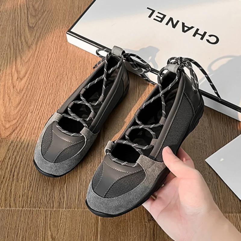 Designer Flat Heel Casual Single Shoes Women All Match Cross Tied Ballet Shoes Outdoor Runway Breathable Mary Janes Female Ins
