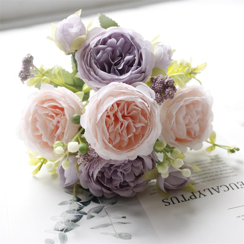 Simulate 5 Roses Korean Style Bouquet Persian Ocean Peony Home Vase Arrangement Decoration Wedding Bride Holding Flower Bouquet