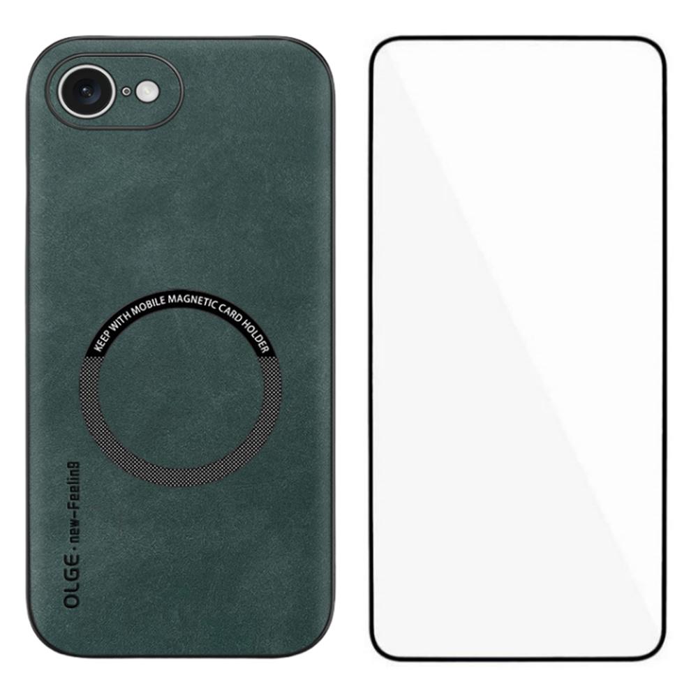 

WANLONFENG YBP Series For iPhone 16e Magnetic Case with Tempered Glass Film PU Leather+TPU Phone Cover Precise Cutouts Green