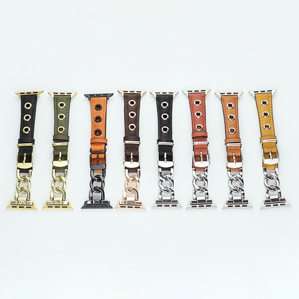 Watch Strap for Apple Watch Series 10 42mm/9 8 7 41mm/SE (2023) SE (2022) SE 6 5 4 40mm/3 2 1 38mm Watch Band Genuine Cow Leather Chain Hole Strap