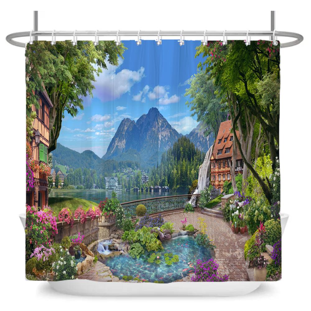 Beautiful Seaside Garden 3D Print Shower Curtain Rural Flower Scenery Bathroom Waterproof Bathtub Curtain Home Decor With Hooks