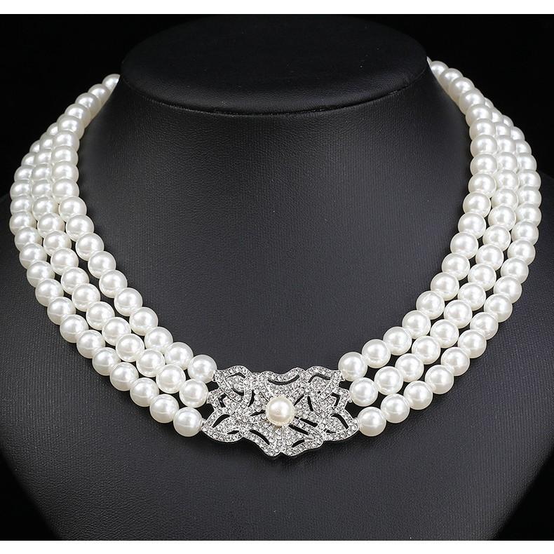 European and American New Pearl Crystal Necklace Earrings Bracelet Three-piece Set, Bridal Dress Party Accessories