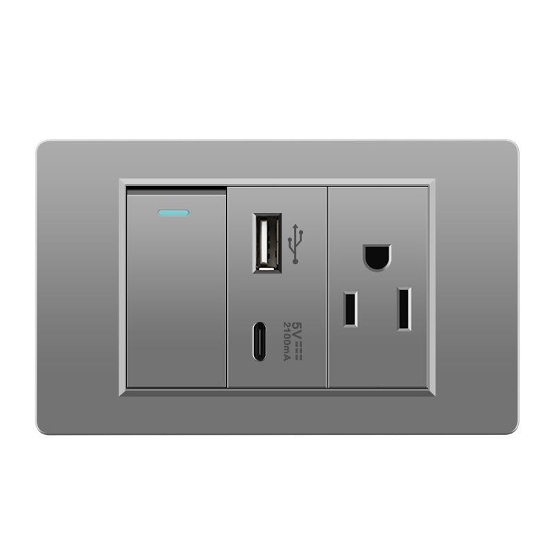 118 Type Switch Six-Hole Gray Wall Socket with Type-C 20W, Thai Style & PC Panel, Taiwan Socket