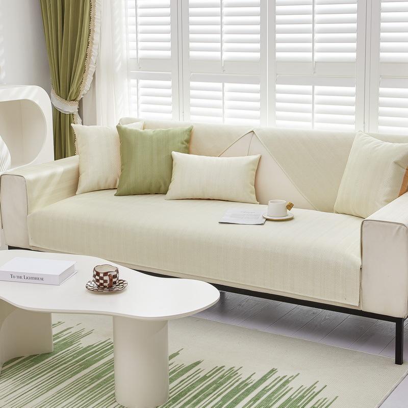 Solid Color Herringbone Pattern Ice Silk Sofa Cushion, Cool And Non-Slip Seat Cushion In Summer, Modern Simple Green Sofa Cover