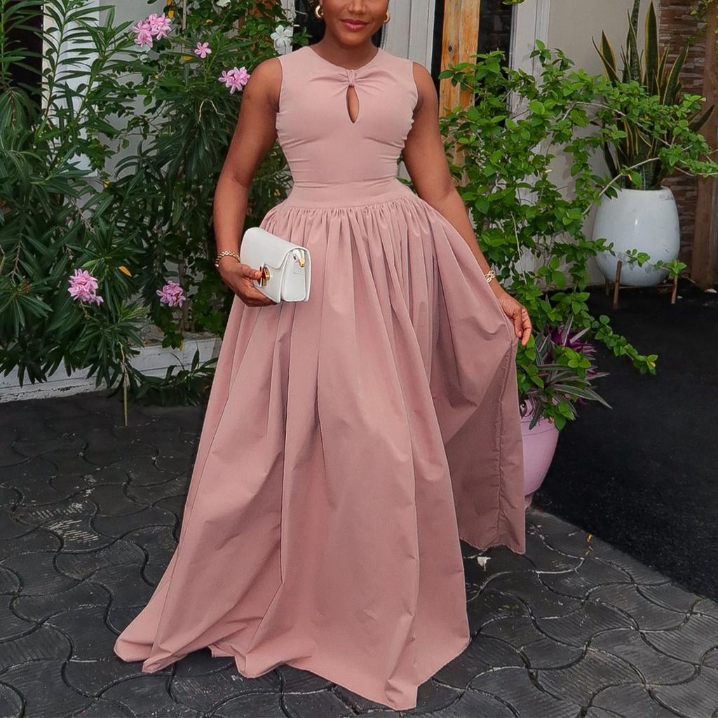 European and American summer new African elegant women's clothing round neck sleeveless waist pleated dress