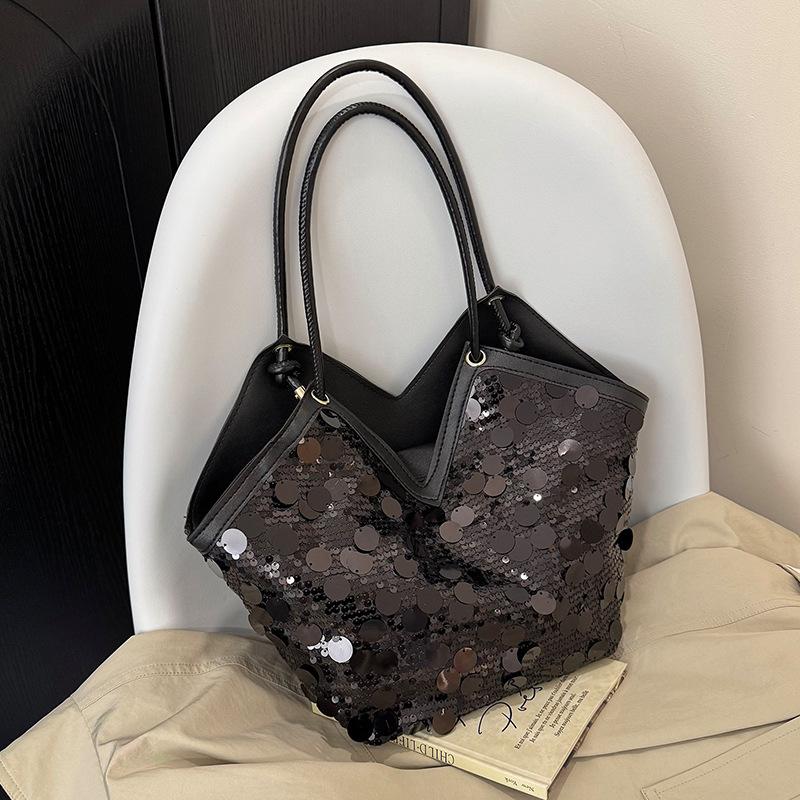 

Trendy Sequin Pu Shoulder Bags for Women Large Capacity Ladies Bucket Tote Bag Versatile Portable Female Handbags with Zipper чёрный