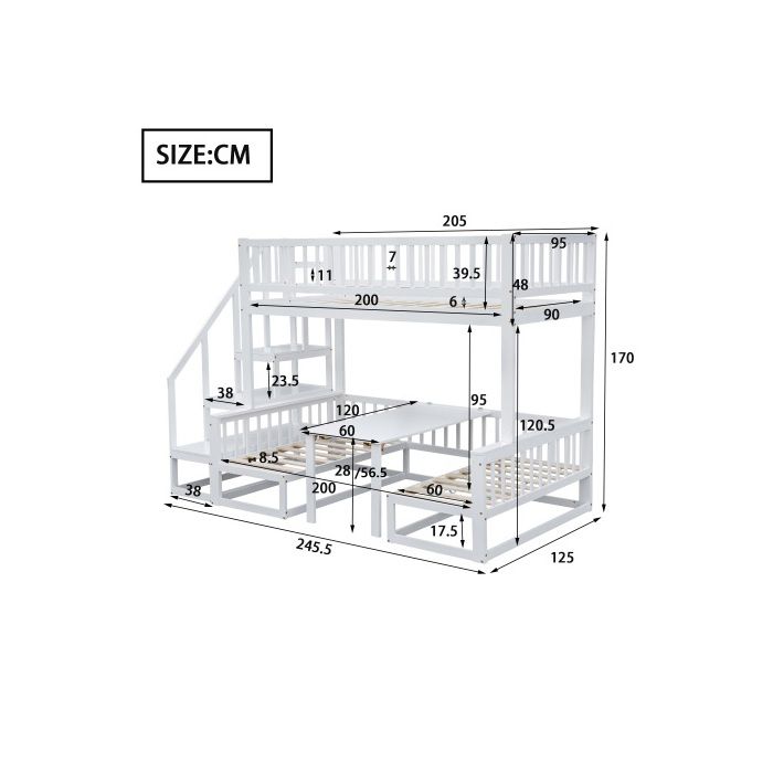 Lit Superposé - MUVOE - 120x200 Cm - Bois Massif - Blanc - Design Peu Encombrant