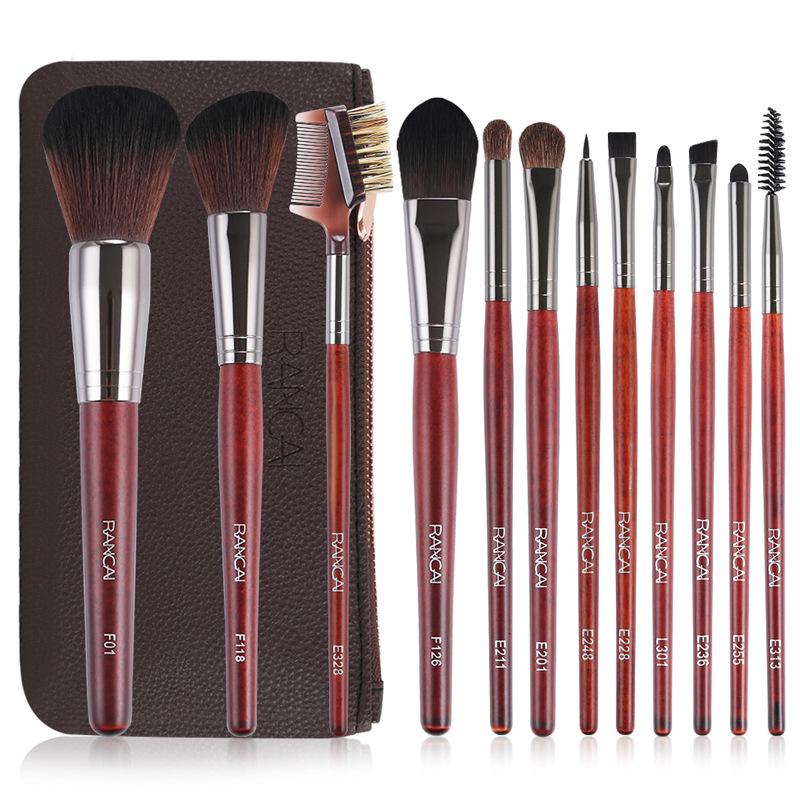 RANCAI s new 12 mahogany makeup brush set, high-end makeup tool set, full set with brush bag.