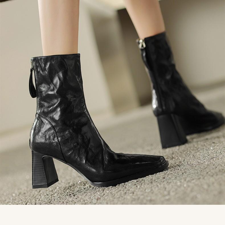 Retro Hand-scratched Square Head Thick Heel Fashion Short Boots Women's 2024 Autumn and Winter Soft Leather High-heeled Martin Boots Versatile Fashion