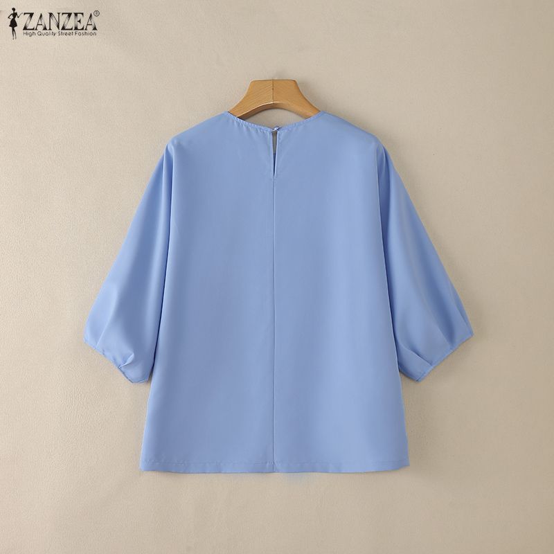 ZANZEA Women Casual Round Neck Slit Loose 3/4 Sleeve Blouse