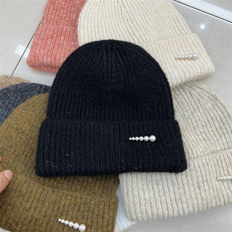 Fashion Pearl Decorative Wool Blended Wool Hat Women's Autumn and Winter Warm Simple Vertical Striped Knitted Cold Hat