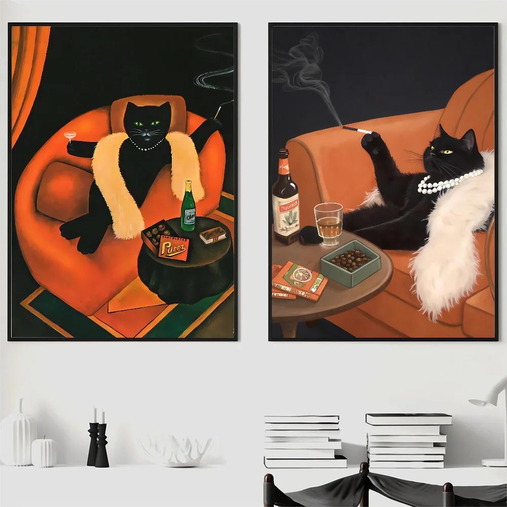 1PC Funny Black White Cats Red Wine Poster Poster Print Home Living Room Bedroom Entrance Bar Cafe Art Canvas Painting Decor