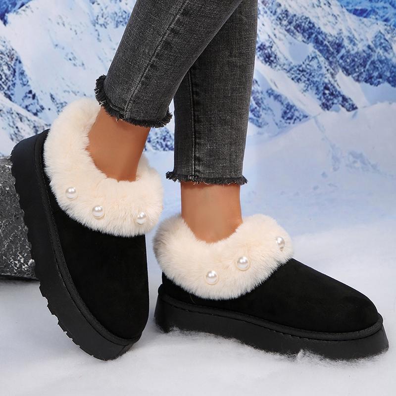 Fluffy Fur Platform Snow Boots Women Fashion Pearls Decor Non Slip Winter Ankle Boots Woman Thicken Plush Warm Cotton Shoes 43