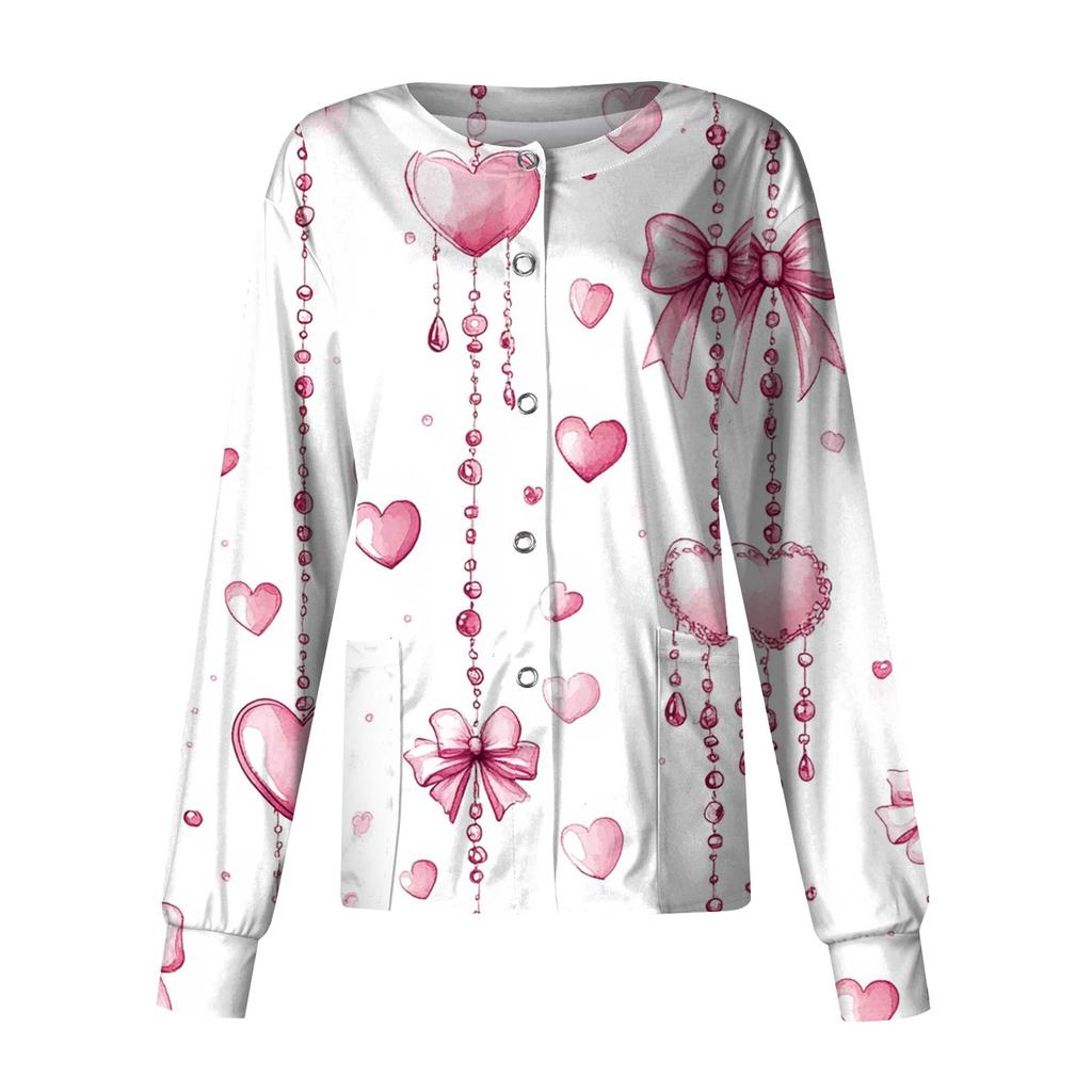 Women's Casual Fashion Long Sleeve Standing Collar Single Breasted Valentine's Day Print Workwear Jacket Tops
