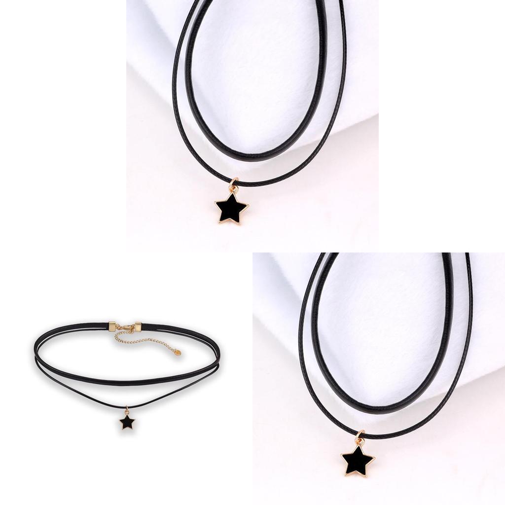 Fashion Collar With Star Pendant And Double Layer Black Leather Cord For Women