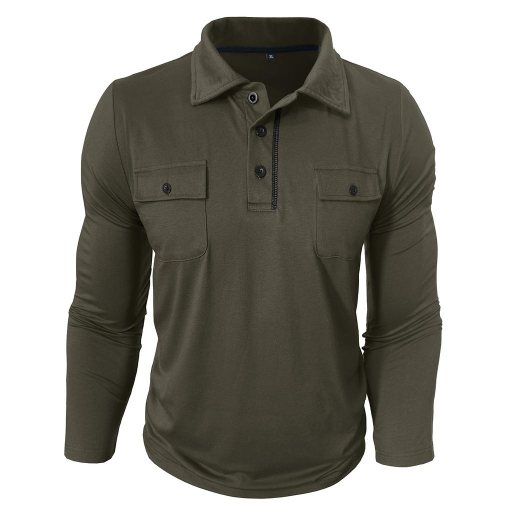 Spring Autumn Men's Long Sleeve Casual Polo Shirts Solid Lapel Button Up Pull On Polos Man