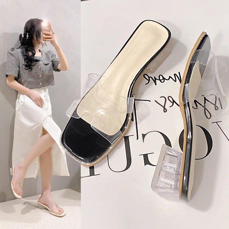 

Temperament outer wear medium heel slippers summer new one-word with open toe transparent crystal thick heel cool slippers 34 чорний