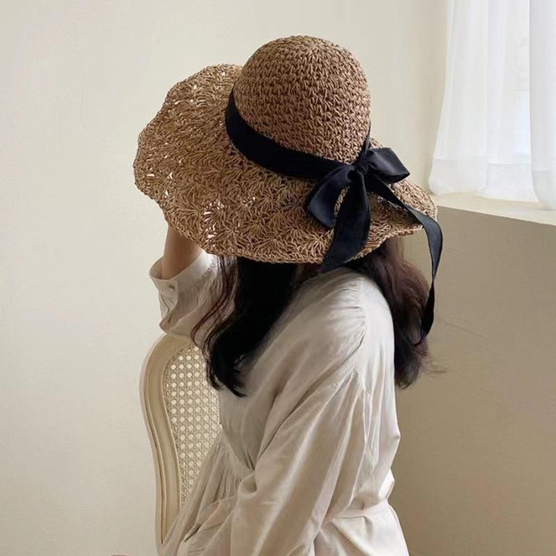 

New Japanese straw hat women s summer lace-up large brim beach hat foldable vacation cool hat sun protection visor hat