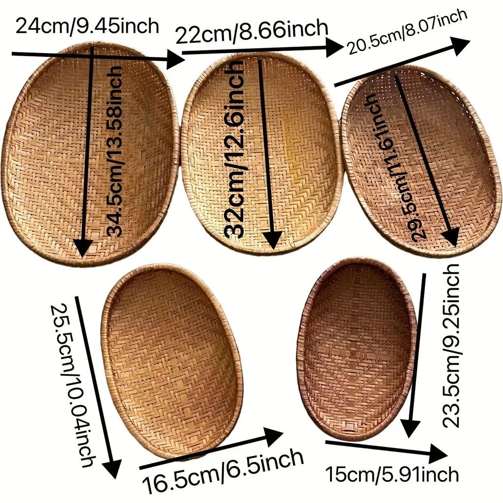 5pcs/Set, Oval Bamboo Storage Basket, Hand-Woven Rustic Tray Baskets, Sundry Storage Tray Bamboo Basket,Fruit Vegetable Serving Baskets,Baskets,Bins