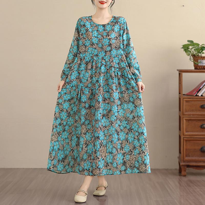 DIMANAF Neu 2025 Damen Übergröße Frühling Langes Kleid Locker Basic Vintage Oversize Langarm Maxi Floral