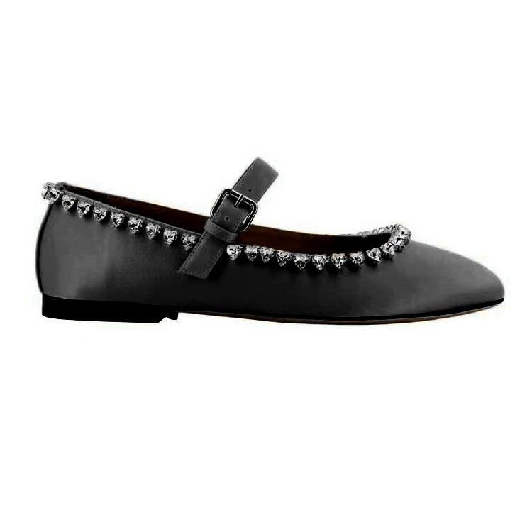 

Модные атласные туфли-лодочки с лаконичной плоской подошвой, украшенные стразами, черные, розовые, в панк-стиле, новая мода 2024, женская обувь, размеры 34-43, обувь ручной работы 34