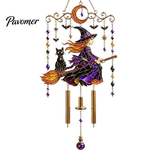 Unique Halloween Gifts for Friends Stained Glass Style Wind Chime, Acrylic Suncatcher Hanging Ornament with Ghost Black Cat Artistic Window