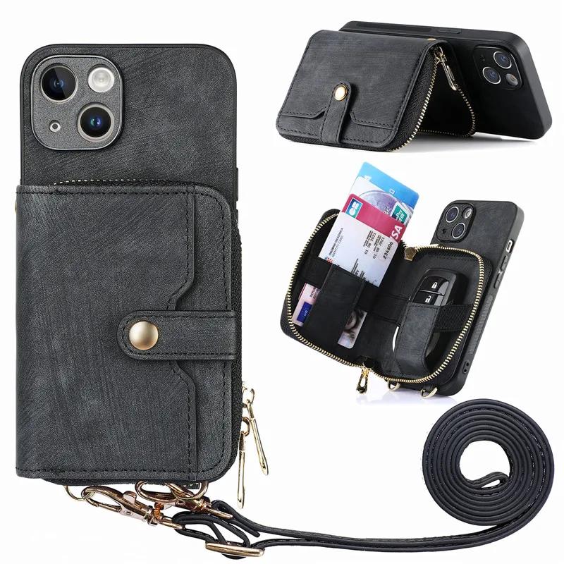 Lanyard Zipper Wallet Phone Case for Samsung Galaxy S25 Edge S24 S23 Ultra S22 S21 S20 FE S10 Plus Note 20 10 Leather Flip Cover