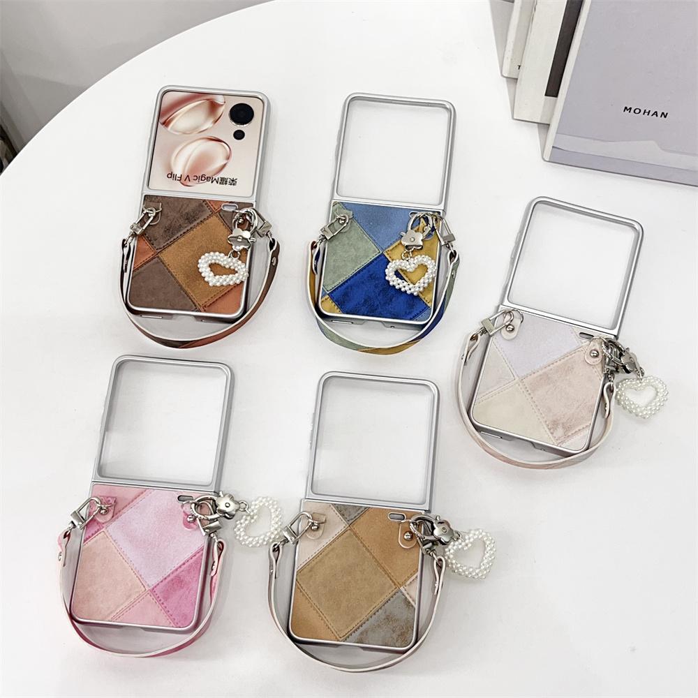 Retro Color Collision Phone Case For Honor Magic V Flip Hand Strap Protective PC Hard Shell Magic V Flip Back Cover